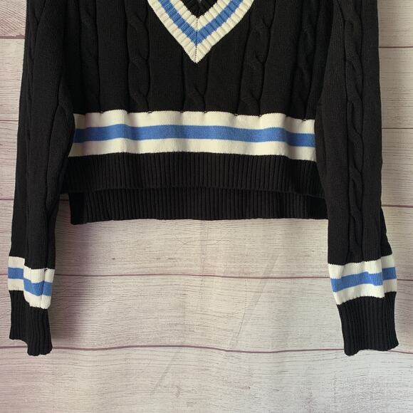 Balboa Fashion Cable Knit Tennis Sweater Black Blue Striped Crop With Tag Size L - Picture 3 of 16